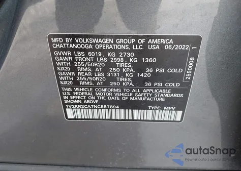 2022 Volkswagen Atlas 3.6L V6 Se W/Technology from USA, damaged, VIN 1V2KR2CA7NC557894